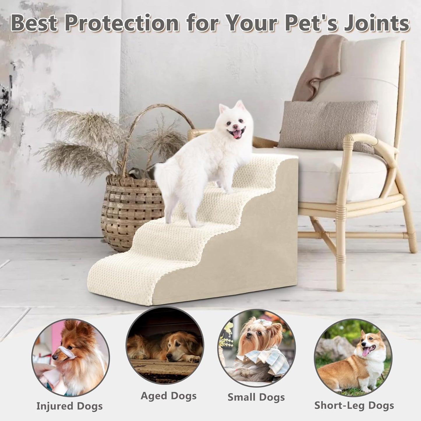 MIHIKK Dog Stairs Ramp, Curved 4-Step Dog Steps for Small Dogs and Cats, Pet Stairs for High Beds and Couch with Anti-Slip Washable Cover and Durable High Density Foam, Beige - Pet Explorer