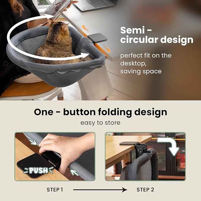 Cat Desk Bed - One-Click Folding, Sunken Design & Space-Saving Semi-Circular Cat Bed, Mesh Cover Material, Suitable for Various Desktops-Maximum Hold Up to 40lb