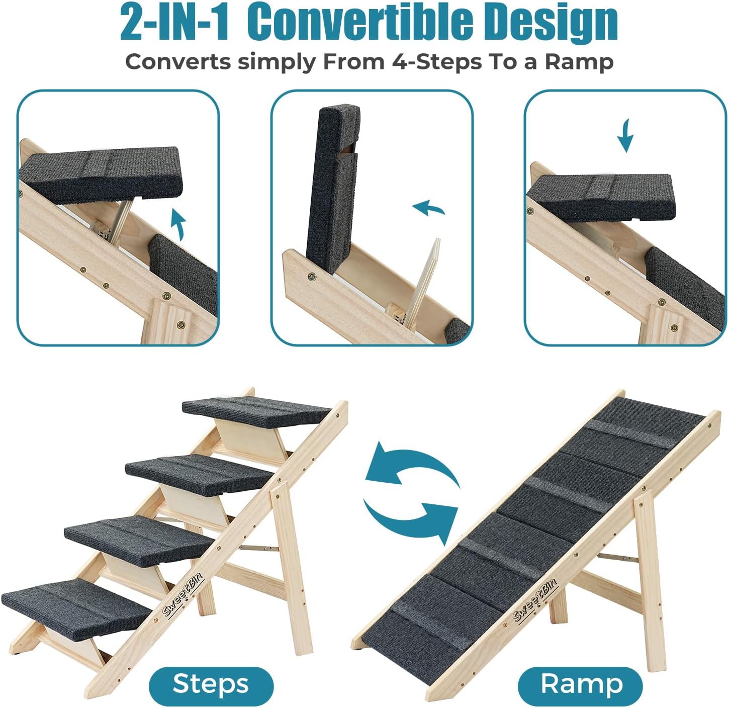 Wood Pet Stairs/Pet Steps for All Dogs and Cats - 2-in-1 Foldable Carpeted 4 Tiers Dog Stairs & Ramp Perfect for Beds and Cars - Portable Dog/Cat Ladder Up to 150 Pounds - Pet Explorer