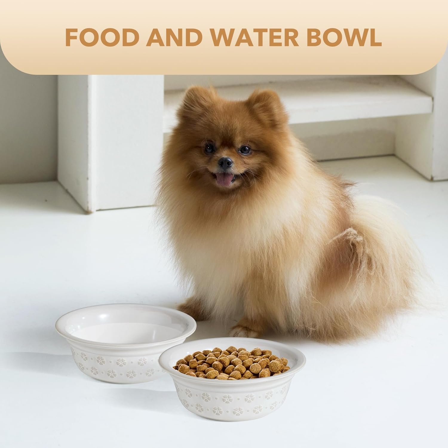 6.3inch Ceramic Set of 2 Dog Bowls, Food and Water Bowls for Small and Medium Dog, 2pcs Basic Dog Bowl, Wide Opening Rounded Edge (2 Bowls, Reactived Glaze -White) - Pet Explorer