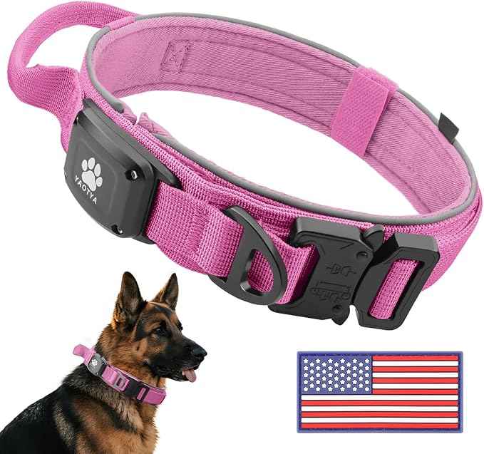 2026 Upgrade Dog Collar with IPX8 Waterproof AirTag Holder,Military Tactical Comfortable Control Handle and Ultra-Durable Metal Buckle/Night Reflective,GPS Collar for Medium to Large Dogs（Pink/XL）