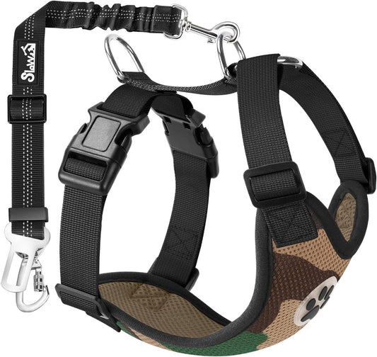 SlowTon Dog Seat Belt Harness for Car, Dog Car Harness Adjustable Mesh Breathable & Dog Seatbelt Safety Tether with Elastic Bungee for Small Medium Large Pets(Camouflage, Double Clip, XS) - Pet Explorer