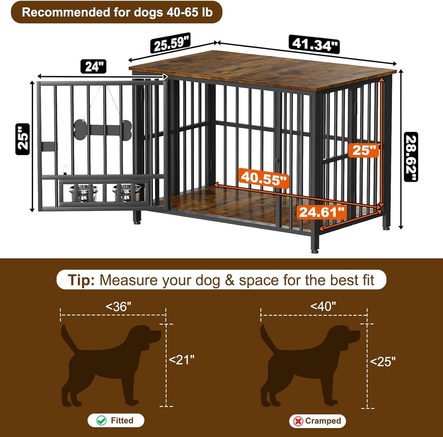 Easycom 41" Dog Crate Furniture Foldable, No Assembly Decorative Dog Kennel Indoor, Dog Crates for Large Dogs, Wooden Dog Cage with Adjustable Bowls and Name Tag, End Table, Rustic Brown