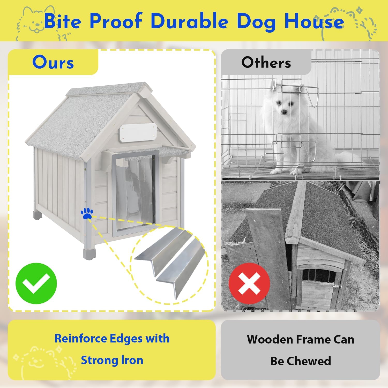 Outdoor Dog House Weatherproof Large Wooden Dog Kennel Indoor for Small Dogs with Chew-Proof Frame, Oxford Fabric Window, Removable Floor Pet Shelter (Grey, 18.1" D x 25.2" W x 24" H) - Pet Explorer