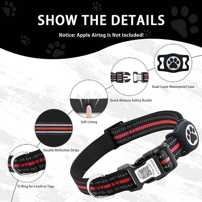 Airtag Dog Collar with QR Code Tag - Reflective Adjustable Nylon Collar, Quick Release Buckle for Small Medium Large Dogs, Comfortable Padded Lining (Red, L)