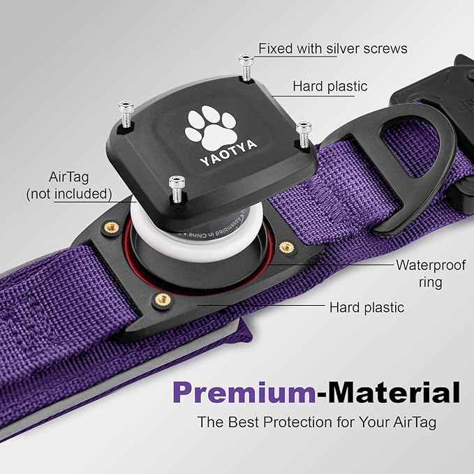2026 Upgrade Dog Collar with IPX8 Waterproof AirTag Holder,Military Tactical Comfortable Control Handle and Ultra-Durable Metal Buckle/Night Reflective,GPS Collar for Medium to Large Dog（Purple/M）