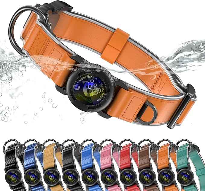 WhoseID Premium Leather Dog Collar for Large Dogs - IPX8 Waterproof AirTag Dog Collar | Magnetic Buckle Heavy Duty Collar | 450LB Escape-Proof | Reflective Dog Collar with AirTag Holder