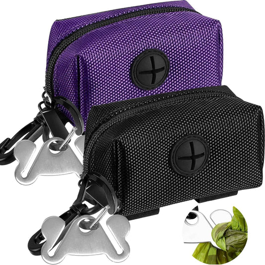 Dog Waste Bag Dispenser Pet Poop Bags Holder for Doggie Waste Bags Dispensers Soft Fabric Zipper Small Doggy Puppy Pouch for Leash Accessory Attachment with Carrier,2PCS Purple&Black - Pet Explorer