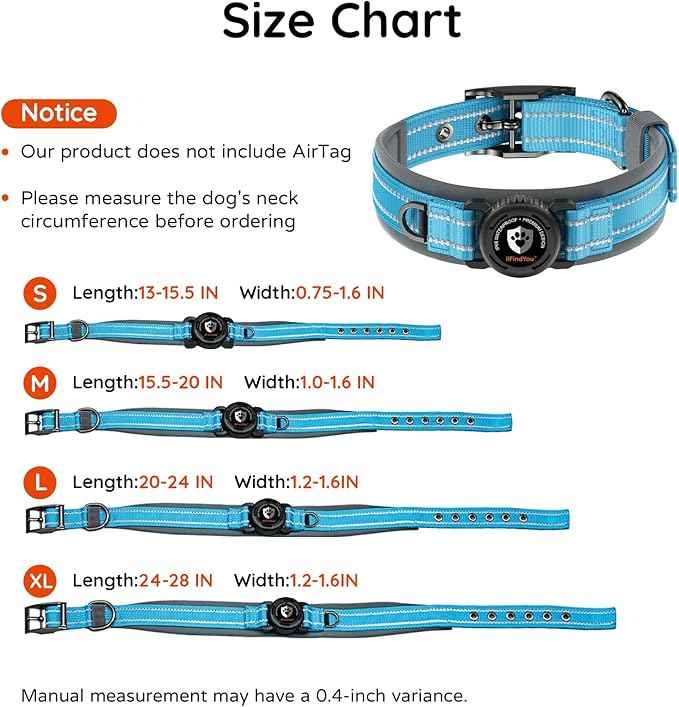 Upgraded AirTag Dog Collar with Holder, Waterproof Reflective Air Tag Dog Collar with Widened Comfortable Padding & Ultra-Durable Metal Buckle, Adjustable for Large Dogs (L, Blue)