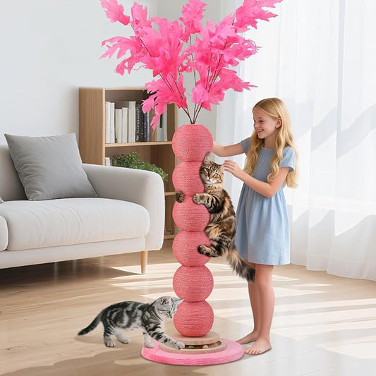 EMUST 47" Tall Cat Scratching Post, 5.9 Inch Diameter Scratching Posts for Indoor Cats Adults with Nature Sisal Rope, Cat Tree Scratcher Post with Interactive Ball Track for Kitten Large Cats