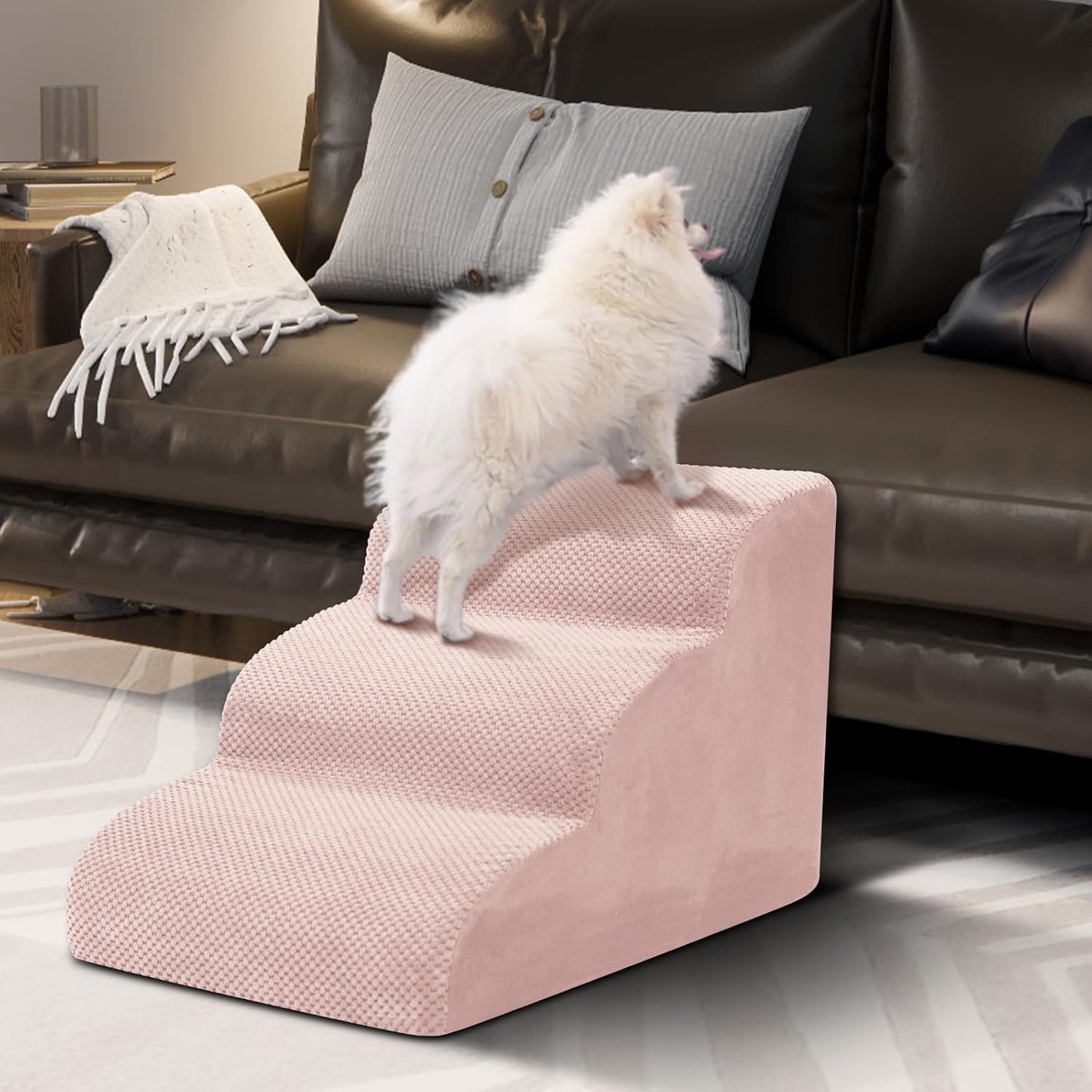 Dog Stairs for Small Dogs - High Density Foam Pet Steps, Extra Wide Dog Ramp with Non-Slip Bottom for High Beds, Couch and Sofa, Best for Dogs Injured, Older Doggy Cats,3 Steps, Pink - Pet Explorer