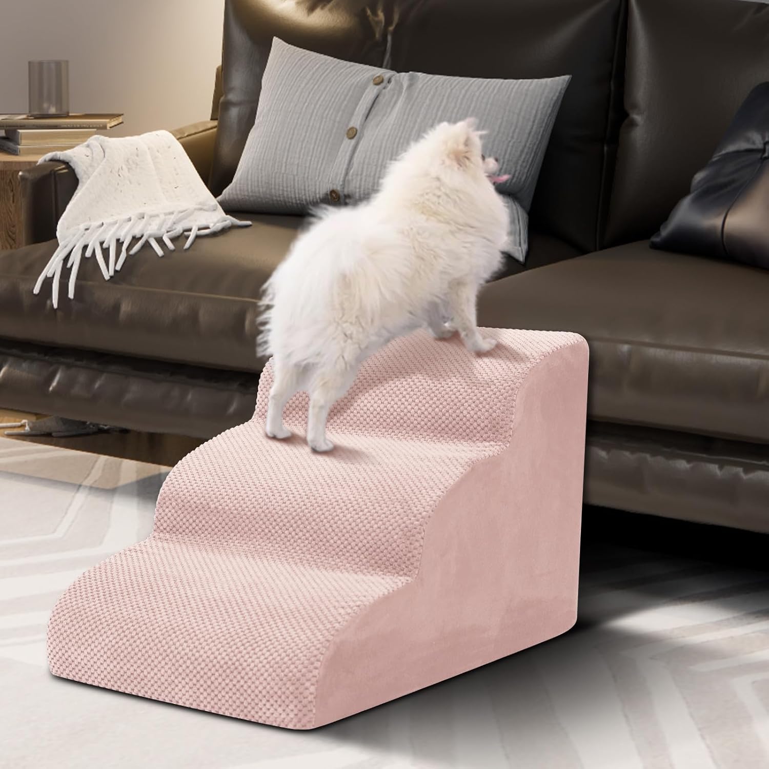 Dog Stairs for Small Dogs - High Density Foam Pet Steps, Extra Wide Dog Ramp with Non-Slip Bottom for High Beds, Couch and Sofa, Best for Dogs Injured, Older Doggy Cats,3 Steps, Pink - Pet Explorer