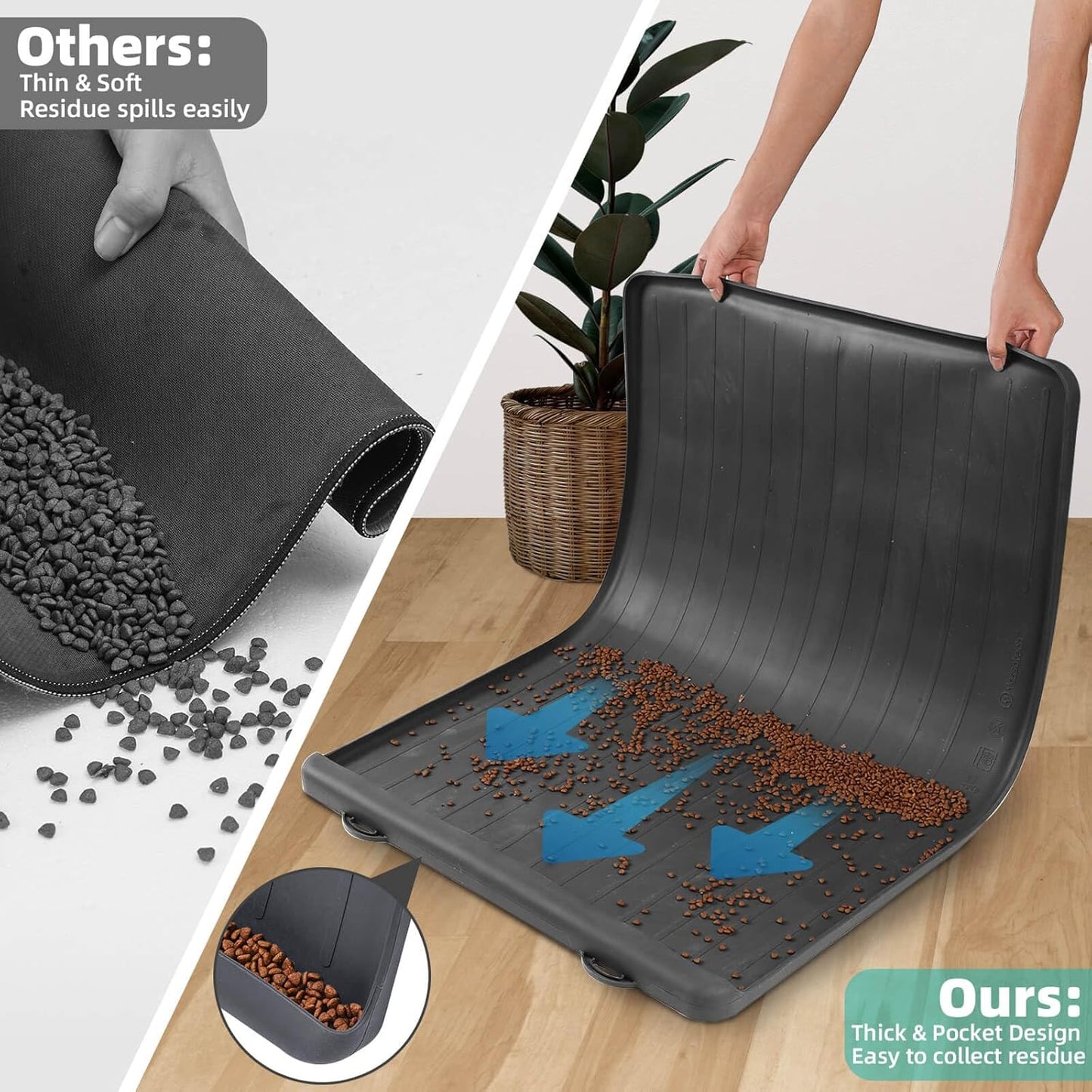Dog Mat for Food and Water - 39.4" x 27" Large Pet Feeding Mats with Residue Collection Pocket - Waterproof Dog Cat Bowl Mat with High Edges to Prevent Water and Food Spills (Black) - Pet Explorer