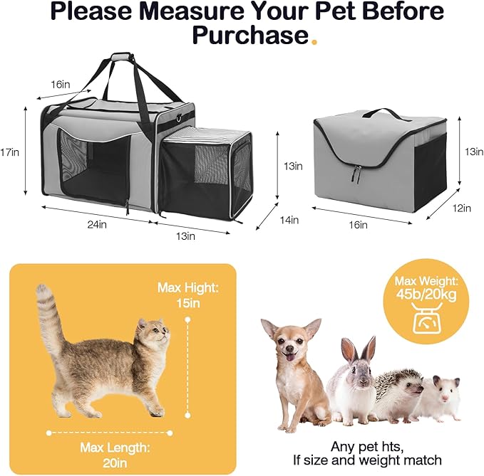 Extra Large Cat Carrier for Car Travel, Expandable Cat Carrier with Litter Box, 24"x17"x16" Soft-Sided Pet Carrier for Road Trip, Pet Carriers for 1 Large / 2 Medium Cats Under 45lbs(Grey)
