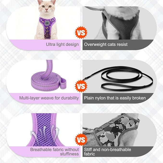 BEAUTYZOO Cat Harness, Escape Proof Cat Leash and Harness Set for Walking, Soft Breathable Vest Harness with Neck Adjustable, Reflective Easy-Control Kitten Harness for Cats (Star Design),Purple M