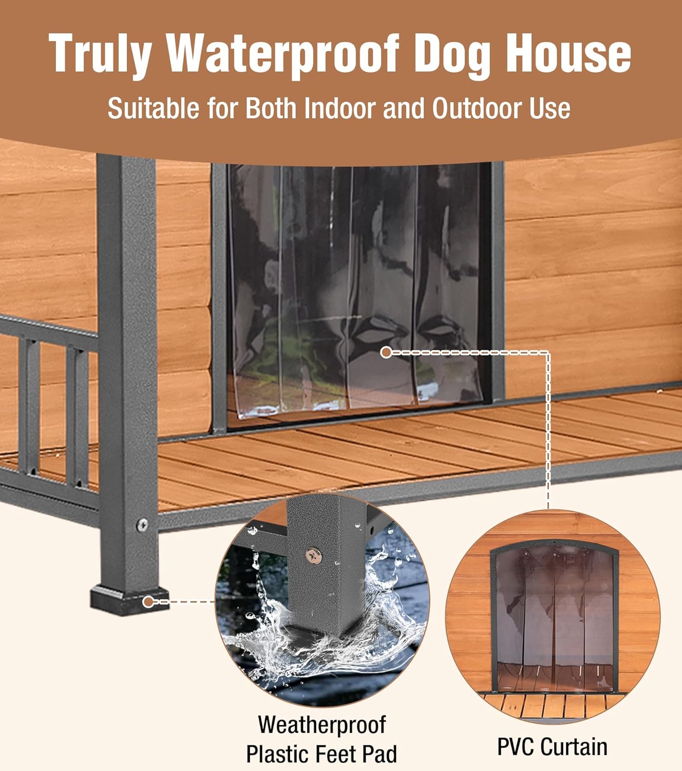 Extra Large Dog House Outdoor for Large Dogs, Insulated Dog House with Metal Frame, Waterproof Dog Shelter with Asphalt Roof, PVC Curtain & Multifunctional Patio, Indoor Outdoor Use - Pet Explorer