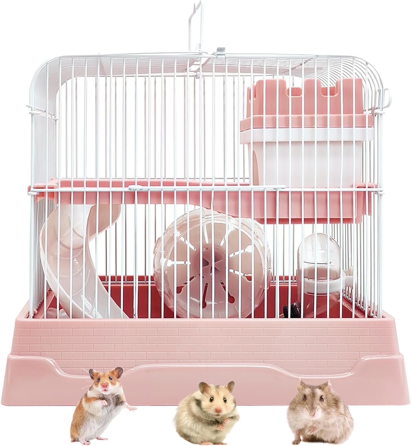 PINVNBY 2-Tier Dwarf Hamster Cage, Travel Portable Mouse Cage Gerbil Cages and Habitats Small Animal Carrier with Castle House Running Exercise Wheels, Water Bottle and Food Dis - Pet Explorer