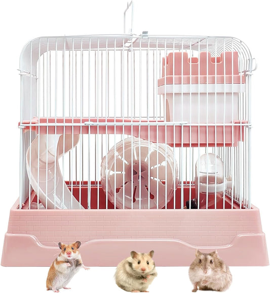 PINVNBY 2-Tier Dwarf Hamster Cage, Travel Portable Mouse Cage Gerbil Cages and Habitats Small Animal Carrier with Castle House Running Exercise Wheels, Water Bottle and Food Dis - Pet Explorer