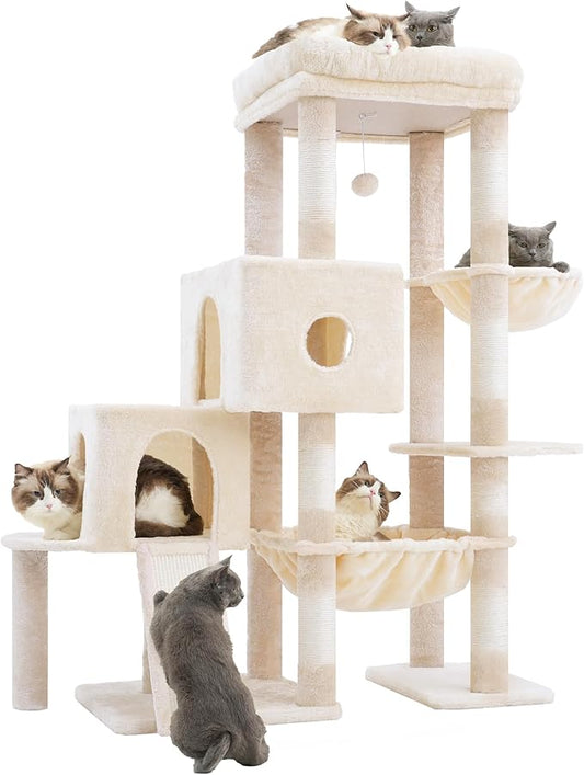 Hey-brother Cat Tree Tower, Scratching Posts with Big Platform, 2 Condos, Spacious Hammock, Cozy Basket, Sisal Board for Indoor Large Adults, 50 Inches Progressive Climbing House, Beige MPJ071M