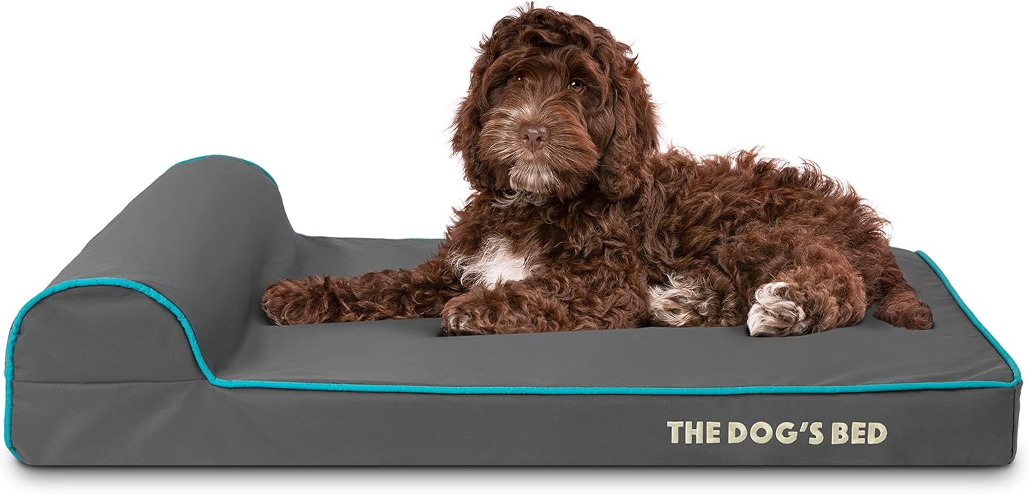 The Dog’s Bed Orthopedic Headrest Dog Bed Med Grey/Blue 34x22, Memory Foam, Pain Relief: Arthritis, Hip & Elbow Dysplasia, Post Surgery, Lameness, Veterinary Approved, Waterproof Washable Cover - Pet Explorer