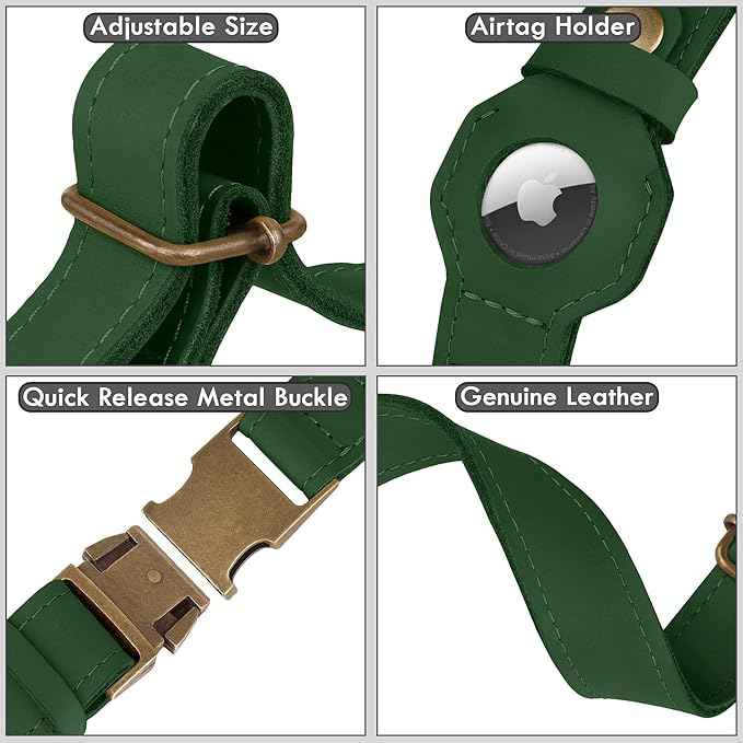 AirTag Dog Collar - Genuine Leather Dog Collar with Apple AirTag Holder and Metal Buckle - Smart GPS Tracking Pet Collars (Dark Green, XS, 9"-12" Neck Fit)