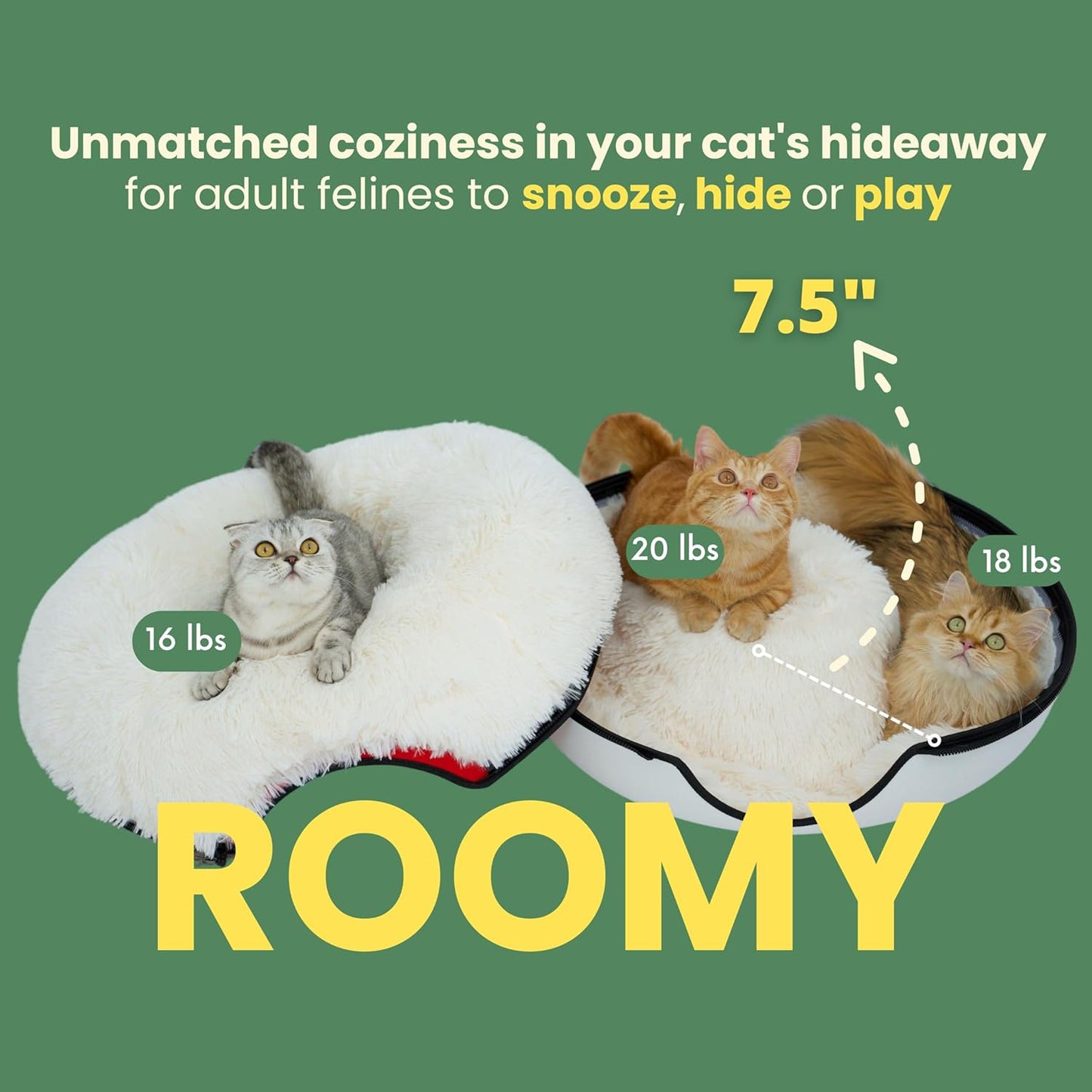 CATTASAURUS Peekaboo Cat Cave for Multiple & Large Cats Up to 30-45 Lbs, Fluffy Cat Beds & Furniture, Scratch Detachable & Washable Tunnel Bed, Comfy Donut Bed (Ruby Snowball, Large (Calming)) - Pet Explorer