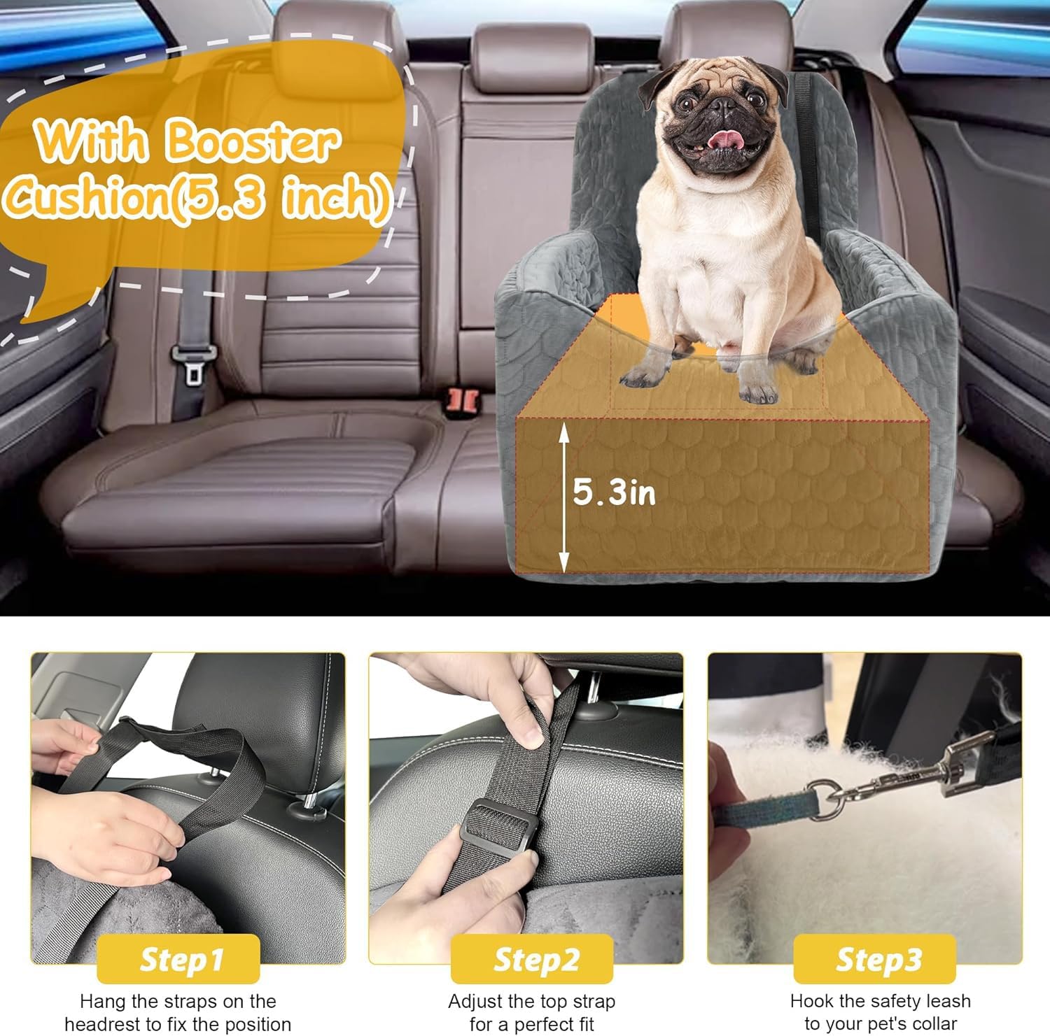 Dog Car Seat for Small/Medium Dogs, Memory Foam Dog Booster Seat, Travel Safety Per Car Seat with Washable Removable Cover, Storage Pockets for Dogs up to 35 lbs(Gray) - Pet Explorer