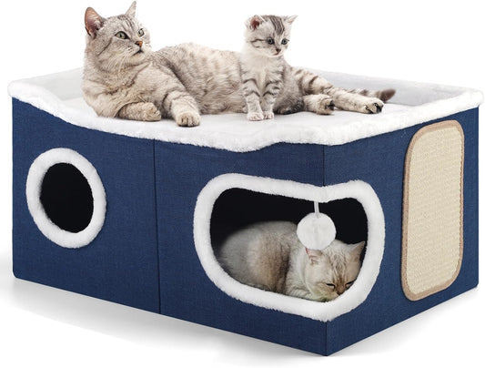 Cat Beds for Indoor Cats, Extra Wide Cat Cube House for Multi Cats, Foldable Cat Cave Hideaway with Arc-Edge Design & Oval Door, Double-Side Soft Cushion for All Seasons, 24"L x 17.7"D x 12.6"H, Blue - Pet Explorer