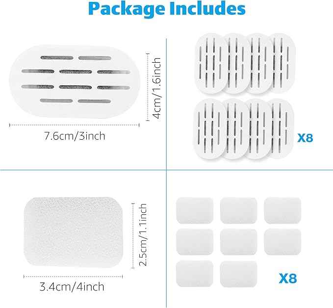 DOOOB Cat Water Fountain Filters, 16 Pack Cat Fountain Filter, Cat Fountain Replacement Filters for DOOOB Stainless Steel Cat Water Fountain, Pet Water Fountain Filters (8 Filters & 8 Sponges)