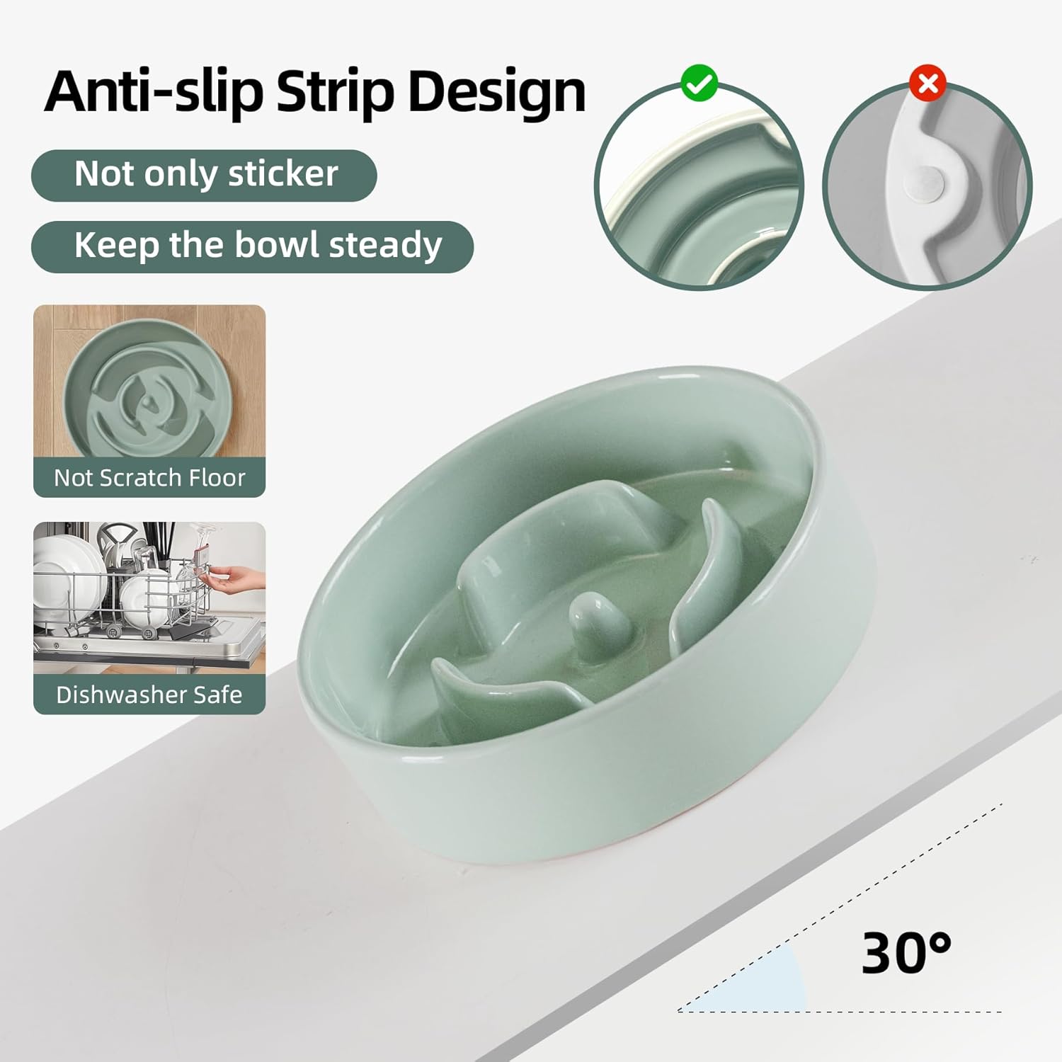 Ceramic Raised Slow Feeder Dog Bowl Set, Elevated 5.1inch Bowl and 6.1inch Puzzle Slow Pet Food Dish with Wooden Stand for Small Dog and Cat, Anti-Gulping (2X Light Green+ Stand) - Pet Explorer