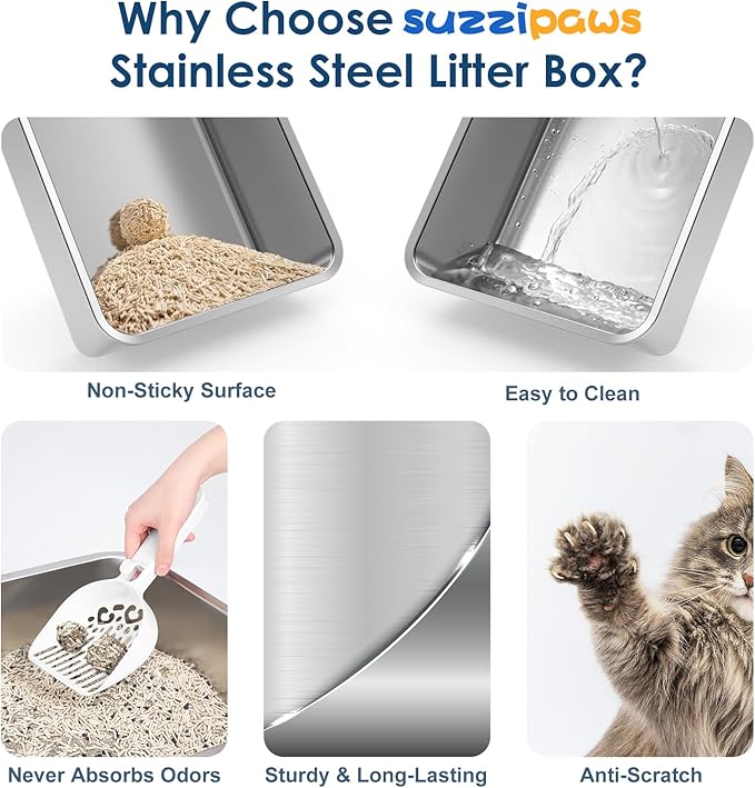 8" Deep Stainless Steel Cat Litter Box with Lid Extra Large Litter Box for Big Cats XL Metal Litter Box Pan with High Wall Sides Enclosure, Non-Sticky, Anti-Leakage, Easy Cleaning