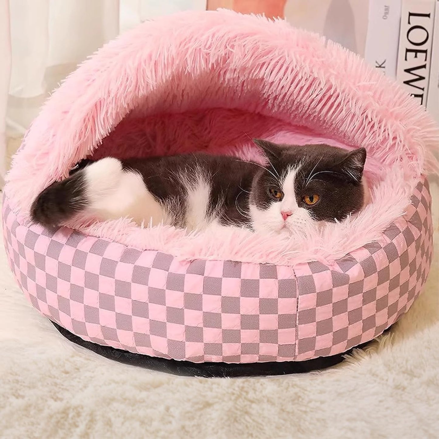 Cat Bed Hooded Plush Nest with Self-Warming Cozy Cave, Calming Anti-Anxiety Pet Bed for Indoor Cats & Small Dogs, Removable Washable Cover & Waterproof Bottom - Pink - Pet Explorer