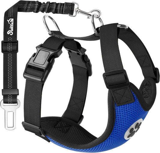 SlowTon Dog Seat Belt Harness for Car, Dog Car Harness Adjustable Mesh Breathable & Dog Seatbelt Safety Tether with Elastic Bungee for Small Medium Large Pets(Blue, Single Clip, XS) - Pet Explorer