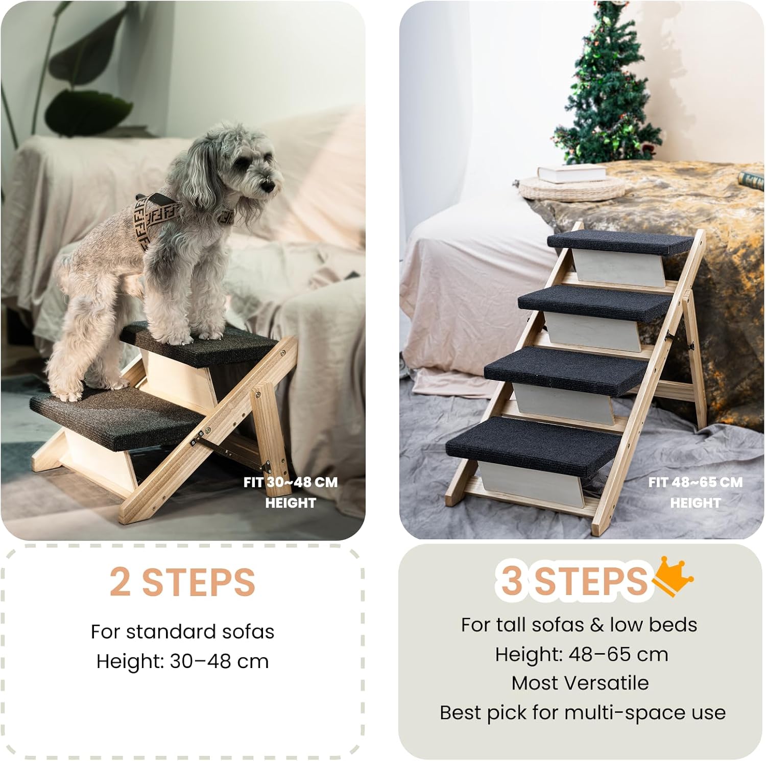 MEWANG Wood Pet Stairs & Ramp for Small/Medium Dogs and Cats, Aging Pets – 3-in-1 Foldable, Portable, Non-Slip Pet Ladder for Tall Beds, Couches,Cars–Holds Up to 220 lbs (31.5" L x 17.2" W x 25.0" H) - Pet Explorer