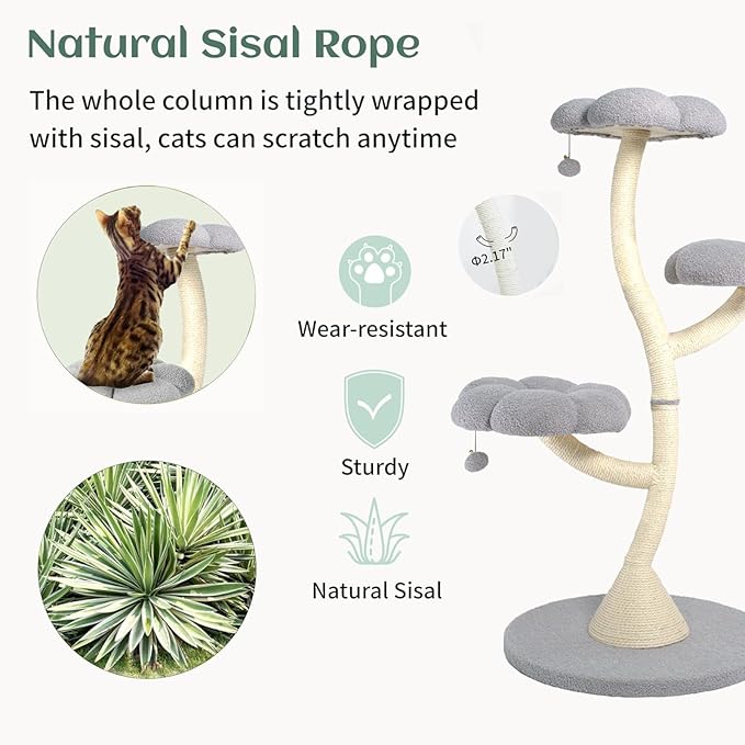 FKWin 48" Tall Cat Tree,Flower Shape Design,Scratching Post Condo,Multi-Level Furniture Activity Center,Kittens Pet House Play with Hang Ball,Plush Cat Tower for Large Cats (Gray-3 Tiers)