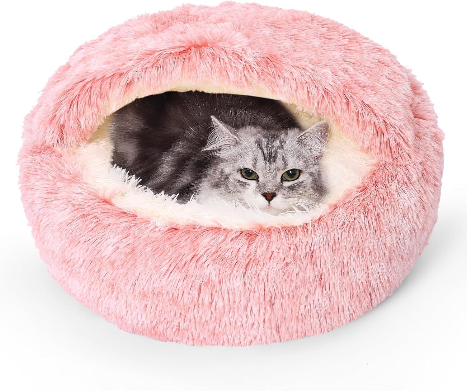 Calming Bean Mush Beds & Cat Cave with Hooded Cover, Removable Washable Round Beds for Small and Medium Pets, Anti-Slip Faux Fur, Fits Up to 15/25 lbs - Pet Explorer