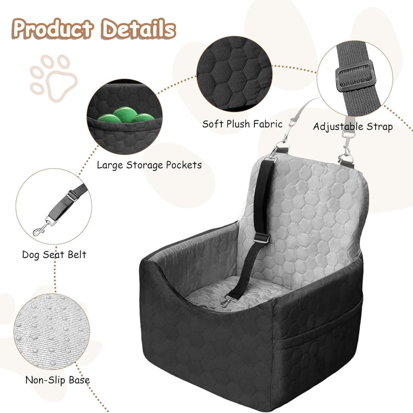 Dog Car Seat for Small/Medium Dogs - Dog Booster Seat with Safety Straps & Non-Slip Base, Travel Pet Car Seat with Storage Pockets, Washable & Removable, Suitable for Dogs Under 35 lbs (Black&Gray) - Pet Explorer