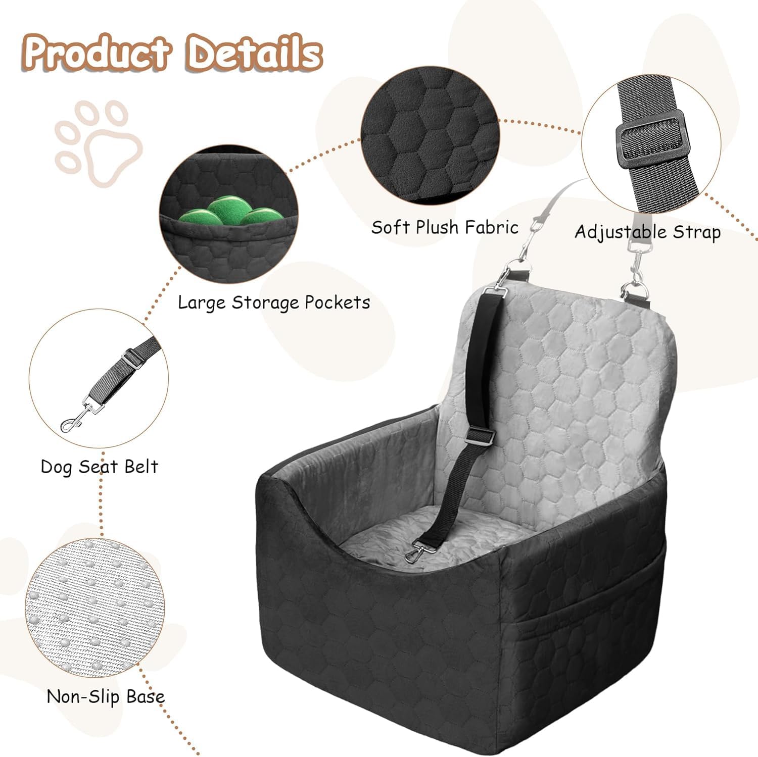 Dog Car Seat for Small/Medium Dogs - Dog Booster Seat with Safety Straps & Non-Slip Base, Travel Pet Car Seat with Storage Pockets, Washable & Removable, Suitable for Dogs Under 35 lbs (Black&Gray) - Pet Explorer