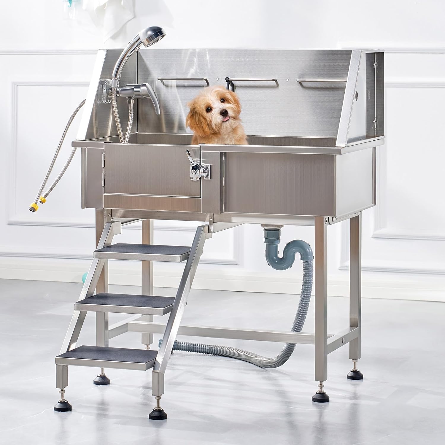 Albott 34 Inch Stainless Steel Dog Washing Station with Non-Slip Steps, Sprayer, Faucet, Tow Rope – Professional Pet Bathtub for Small Dogs, Great for Home, Garage, Salon (Left Door) - Pet Explorer