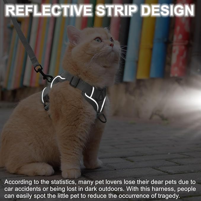 Cat Harness and Leash Set, Upgraded Escape Proof Adjustable Vest with Lead for Kitten Puppy Outdoor Walking, Soft Breathable Mesh Jacket with Reflective Strips for Dark Night, M, Gray