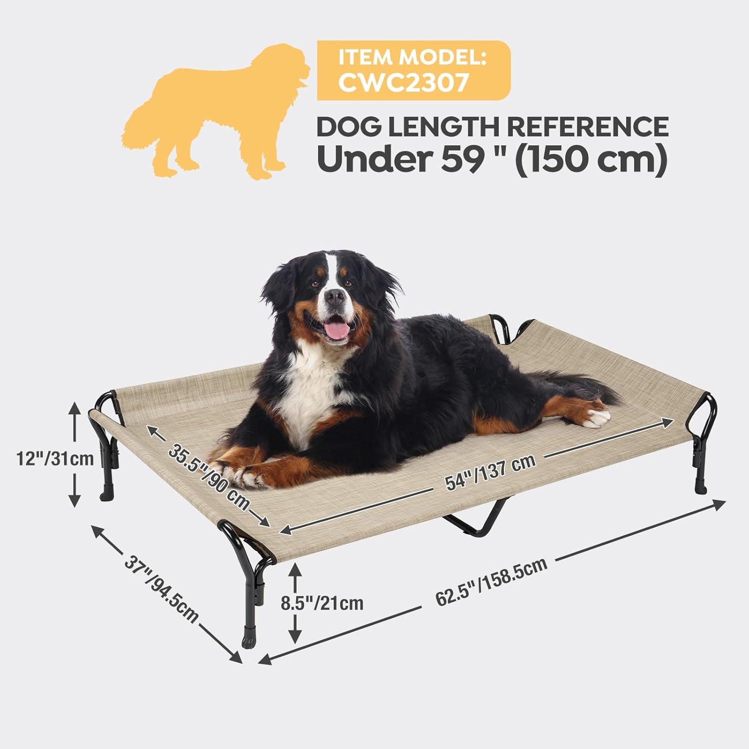 Veehoo Cooling Elevated Dog Bed, Guardrail Raised Pet Cot, Indoor & Outdoor XXL Pet Bed with Washable & Breathable Teslin Mesh, Non-Slip Feet, Dog Couch Bed, 62.5" x 37", Beige Coffee - Pet Explorer
