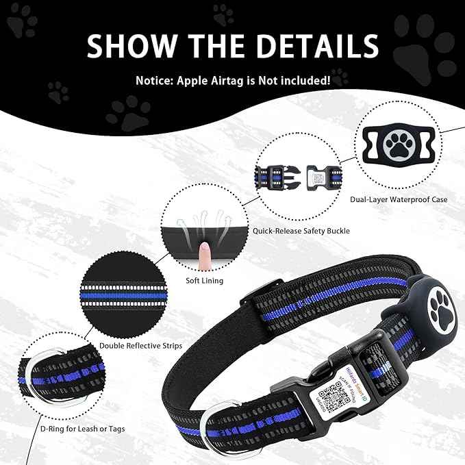 Airtag Dog Collar with QR Code Tag - Reflective Adjustable Nylon Collar, Quick Release Buckle for Small Medium Large Dogs, Comfortable Padded Lining (Blue, L)