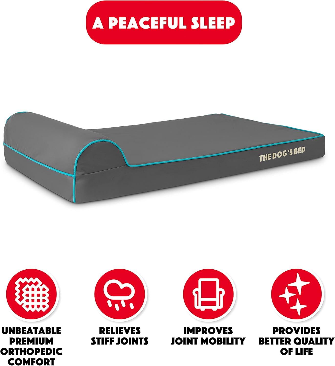 The Dog’s Bed Orthopedic Headrest Dog Bed Large Grey with Blue Trim, Memory Foam, Pain Relief for Arthritis, Hip & Elbow Dysplasia, Post Surgery, Veterinary Approved, Waterproof Washable Cover - Pet Explorer