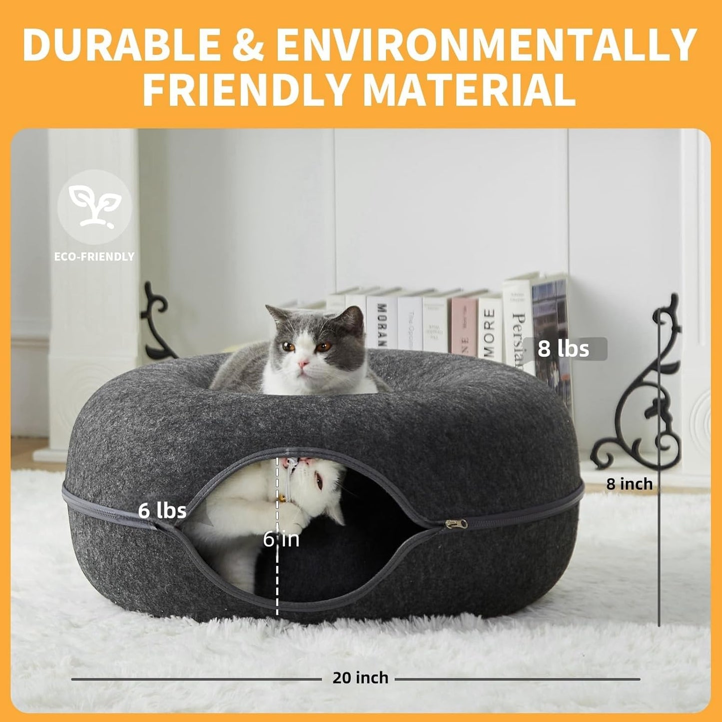 Jia Xi Indoor Cat Hideout Tunnel Bed - Donut Cat Condo and Cave - Dark Grey (20 in * 20 in * 8 in) - Pet Explorer
