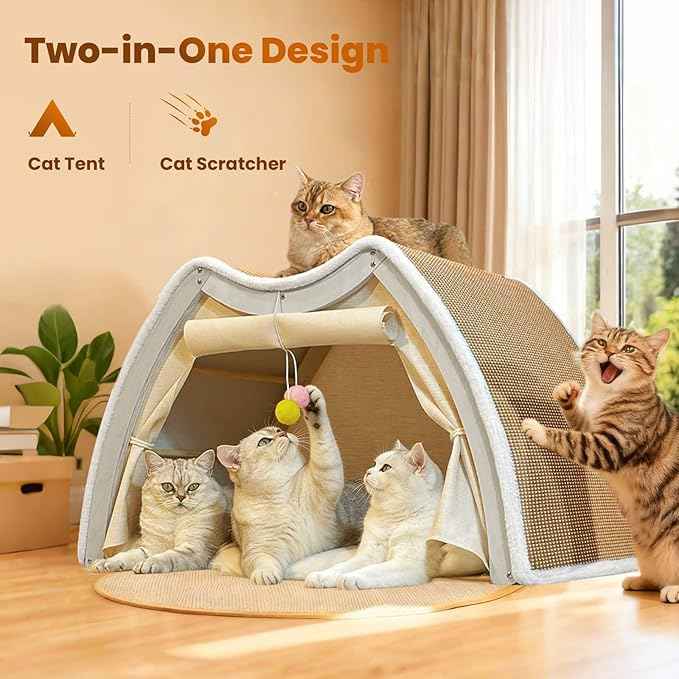 Cat Houses for Indoor Cats - Large Cat Bed Cave with Natural Sisal Cat Scratcher Mat, Solid Wood Frame Cat House with Curtains and Cat Floor Scratching Pad Rug, Protect Couch and Carpets, L
