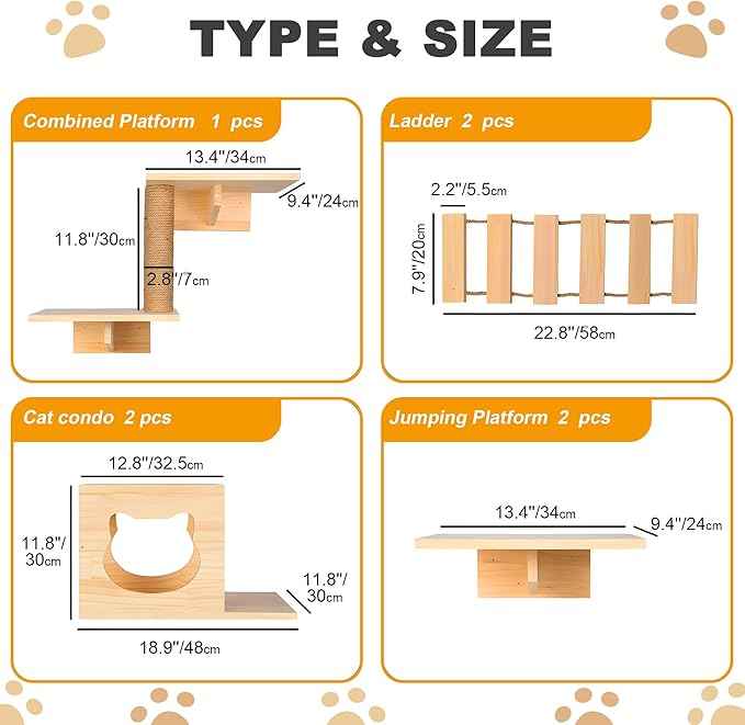 Cat Wall Shelves and Perches, Pine Wooden Cat Wall Furniture Climbing Shelves with Climber, Condo, Scratching Post, Ladder & Platform