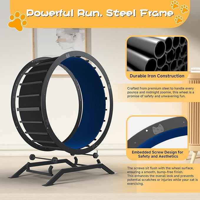 GTPLAYER Cat Wheels, Large Cat Exercise Wheel for Indoor Cats, 40"Diameter cat treadmill Detachable Carpet & Teaser, stickers, Ultra-quiet scroll wheel With latch, Suitable for Most Cats, Metal, Blue