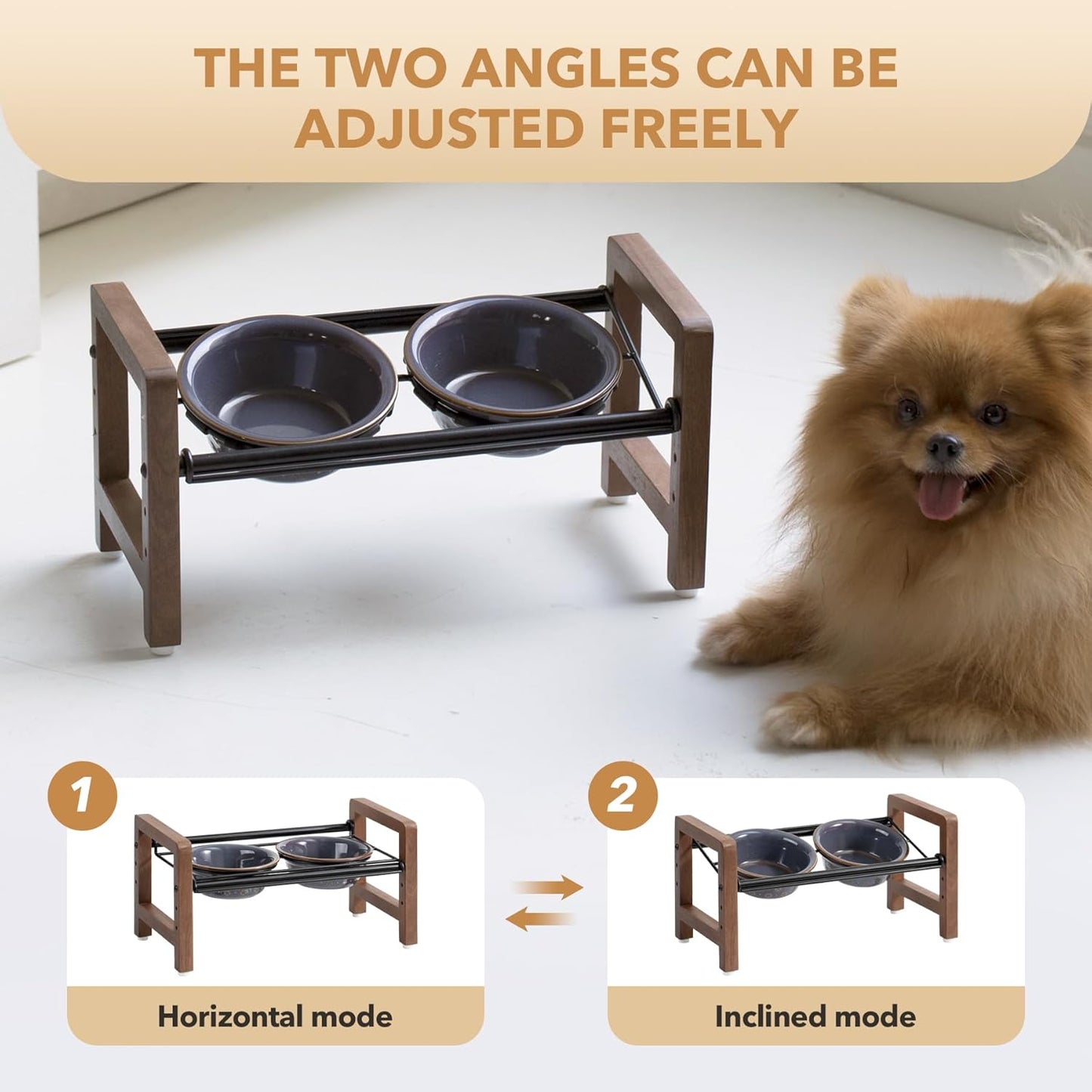 5.5inch Ceramic Adjustable Raised Double Bowls Set with Stand, 3 Heights Elevated, 2 Placement Options, Food and Water Dishes for Puppy, Cats（Double Bowls+Stand, Reactived Glaze -Grey - Pet Explorer