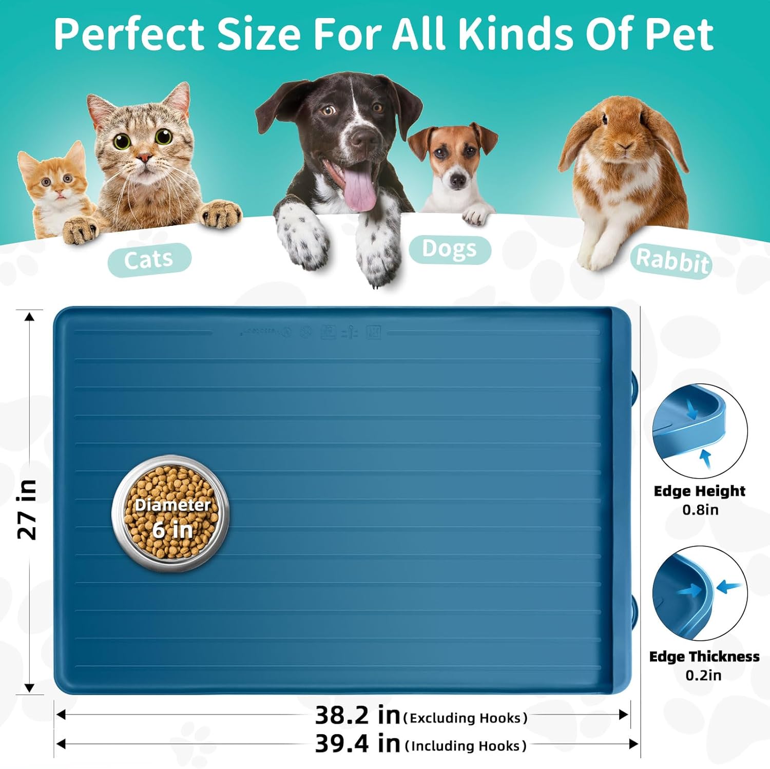Dog Mat for Food and Water - 39.4" x 27" Large Pet Feeding Mats with Residue Collection Pocket - Waterproof Dog Cat Bowl Mat with High Edges to Prevent Water and Food Spills (Navy) - Pet Explorer