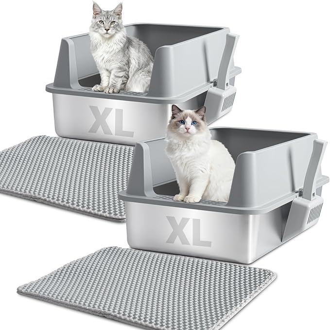 XL Stainless Steel Litter Box 2 Pack, Extra Large High Sided Metal Cat Litter Box with Lid, Scooper & Mat, Easy Clean, Non Stick & No Smell